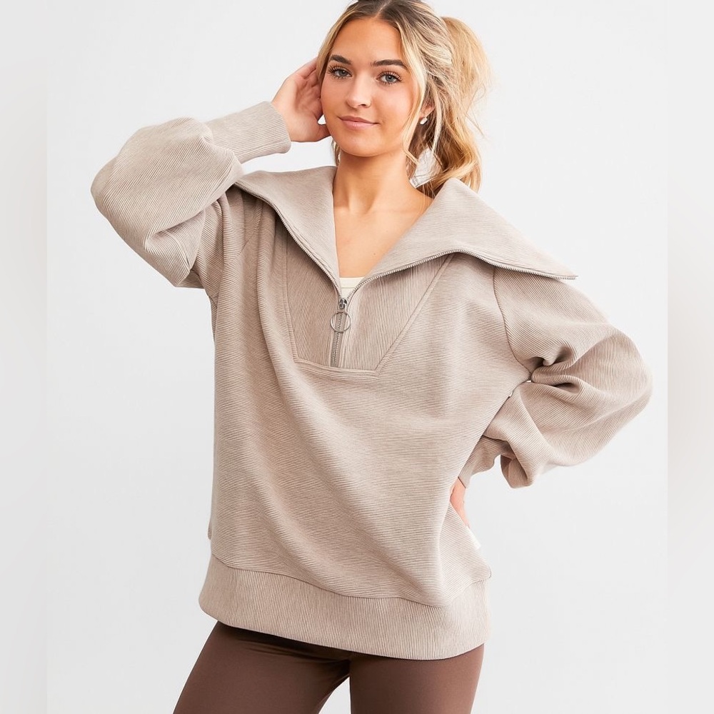 Varley Beige Zip Cowl Turtleneck Sweater